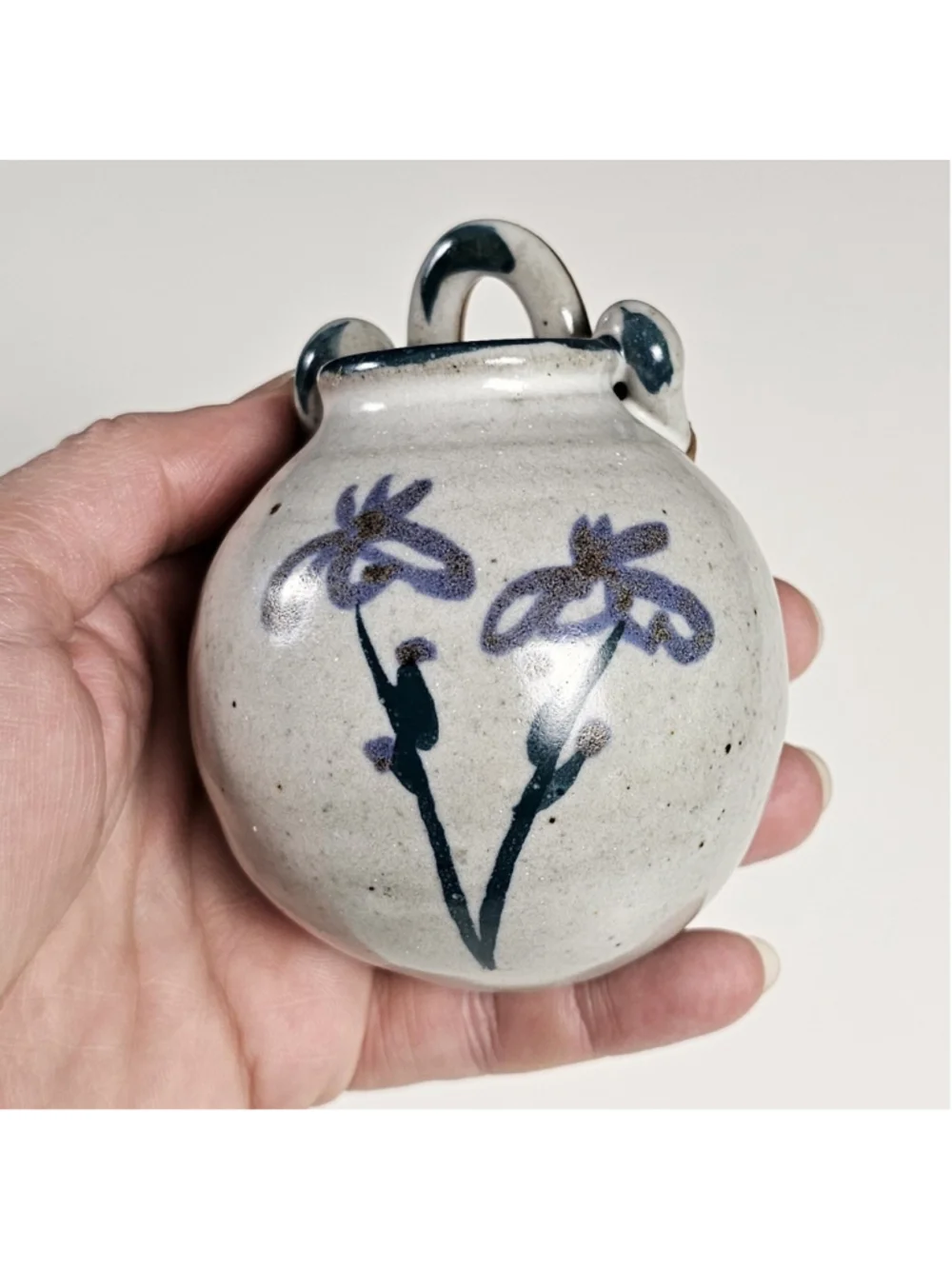 Vintage Studio Pottery Stoneware Wall Pocket Vase Blue Floral Hand Painted 3.5